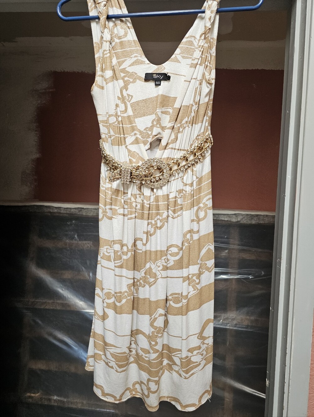 Sky Cream and Gold-Print Sleeveless Mini Dress Rhinestone Belt.